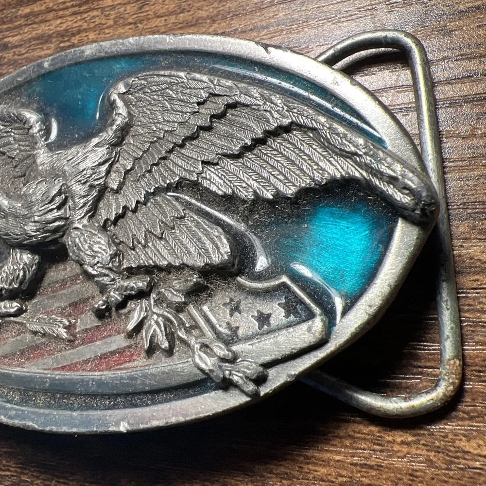Vintage Bergamot Brassworks Belt Buckle Eagle W/Arrows Silver/Teal 0-146 USA1983